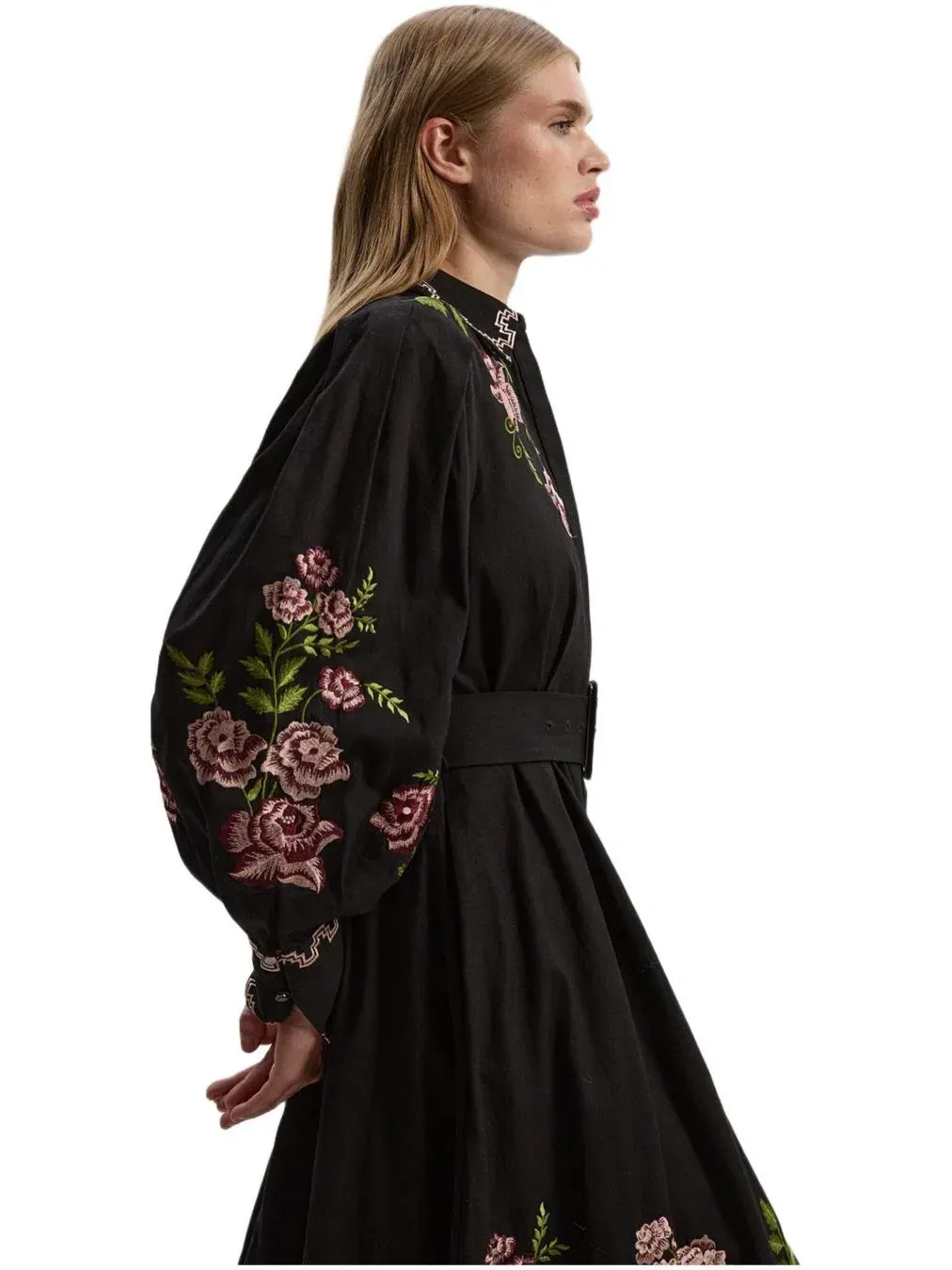 Женское хлопковое платье-рубашка с вышивкой роз Karen Millen — изображение 2 из 8, черный