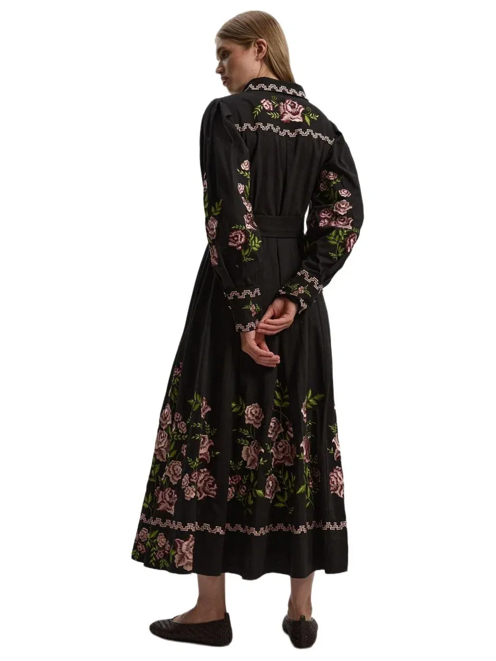 Женское хлопковое платье-рубашка с вышивкой роз Karen Millen — изображение 3 из 8, черный