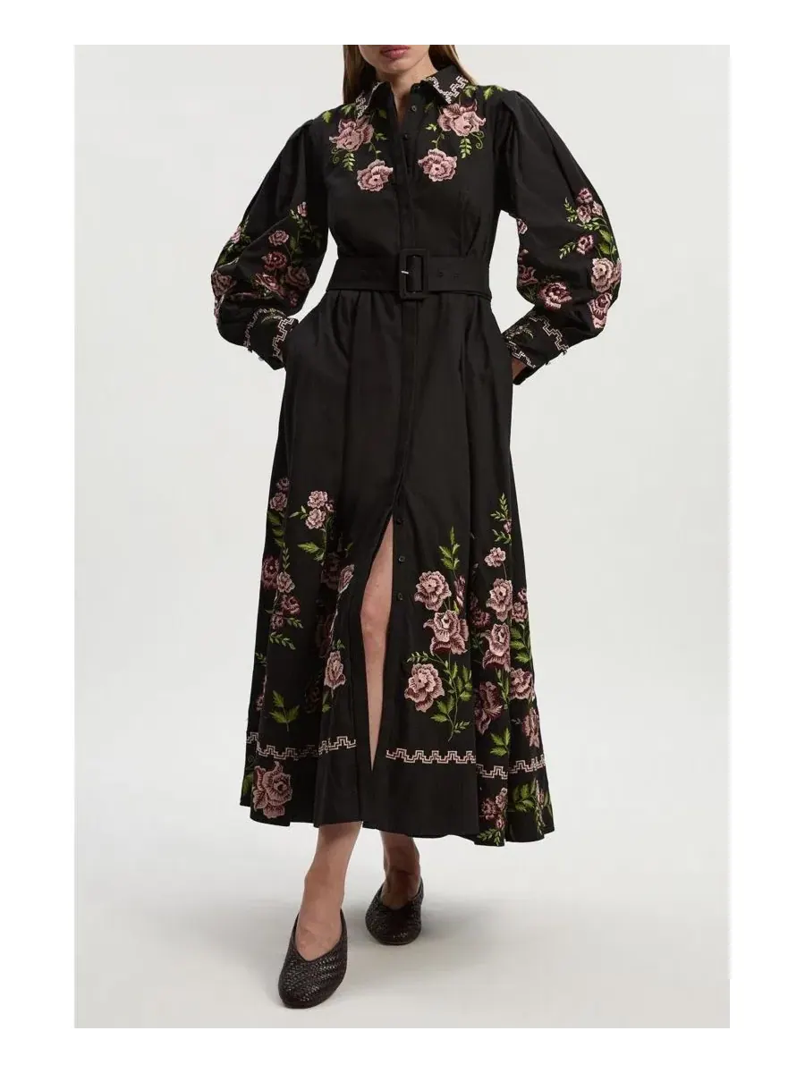 Женское хлопковое платье-рубашка с вышивкой роз Karen Millen — изображение 6 из 8, черный