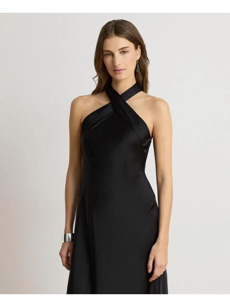 Платье-комбинация с завязками на спине, без рукавов, модель Tie-Back Charmeuse Halter Cocktail — изображение 3 из 5, черный