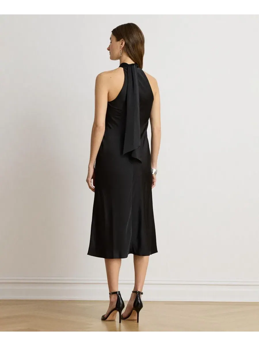 Платье-комбинация с завязками на спине, без рукавов, модель Tie-Back Charmeuse Halter Cocktail — изображение 5 из 5, черный