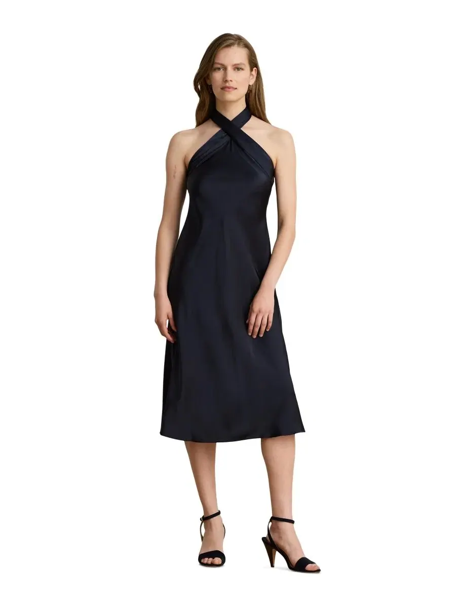 Платье-макси с запахом The Tie-Back Charmeuse Halter Lauren Ralph Lauren — изображение 1 из 5, темно-синий
