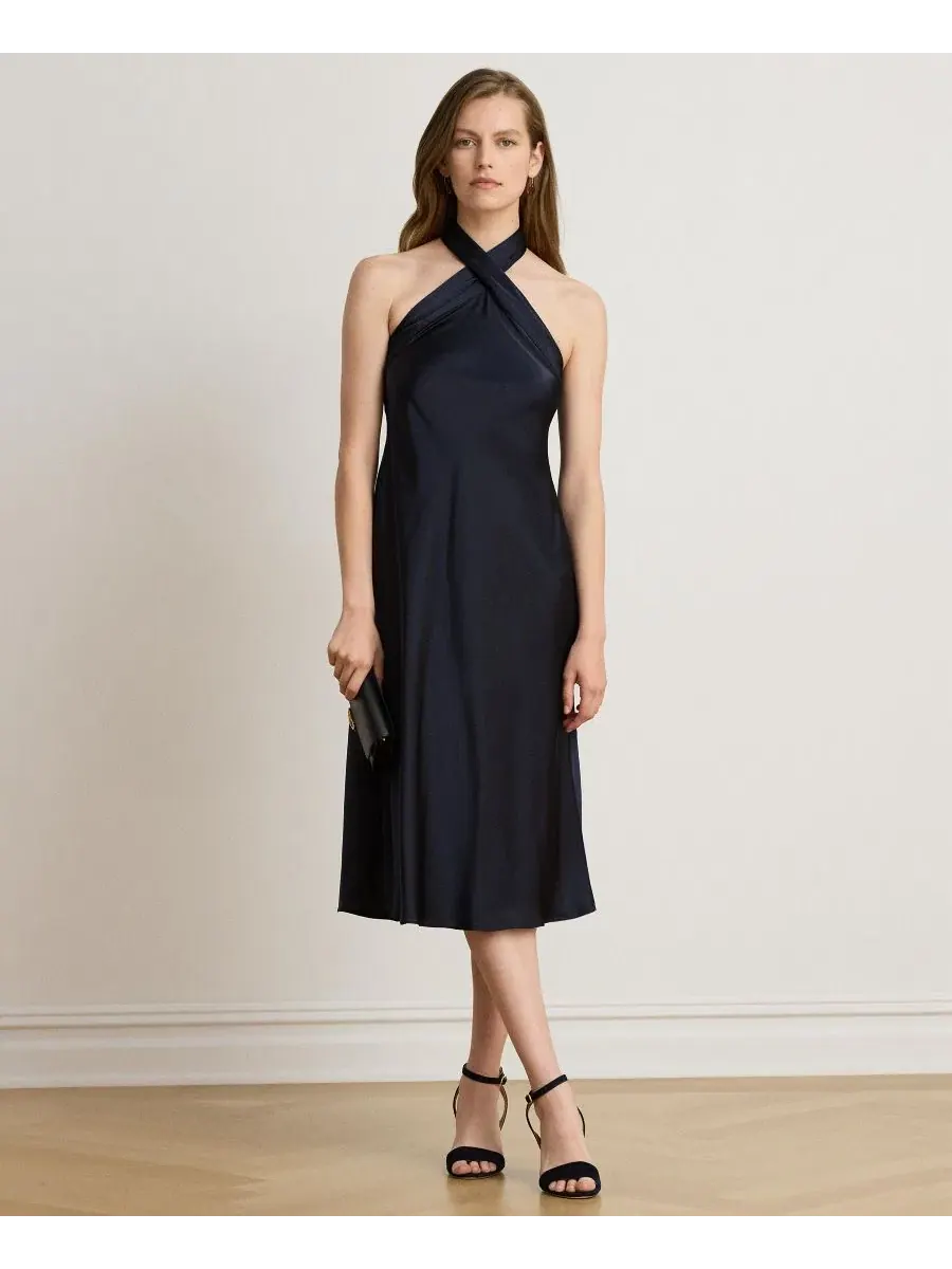 Платье-макси с запахом The Tie-Back Charmeuse Halter Lauren Ralph Lauren — изображение 2 из 5, темно-синий