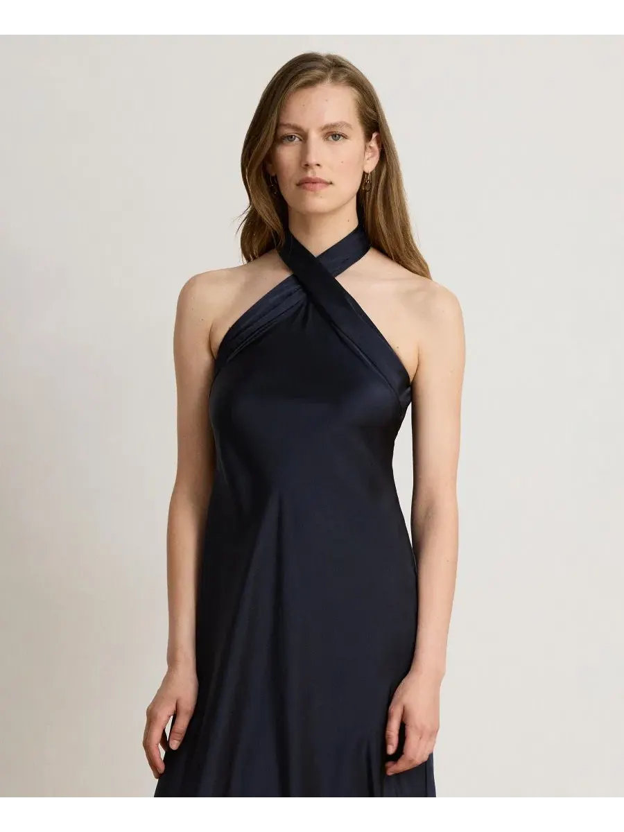 Платье-макси с запахом The Tie-Back Charmeuse Halter Lauren Ralph Lauren — изображение 3 из 5, темно-синий