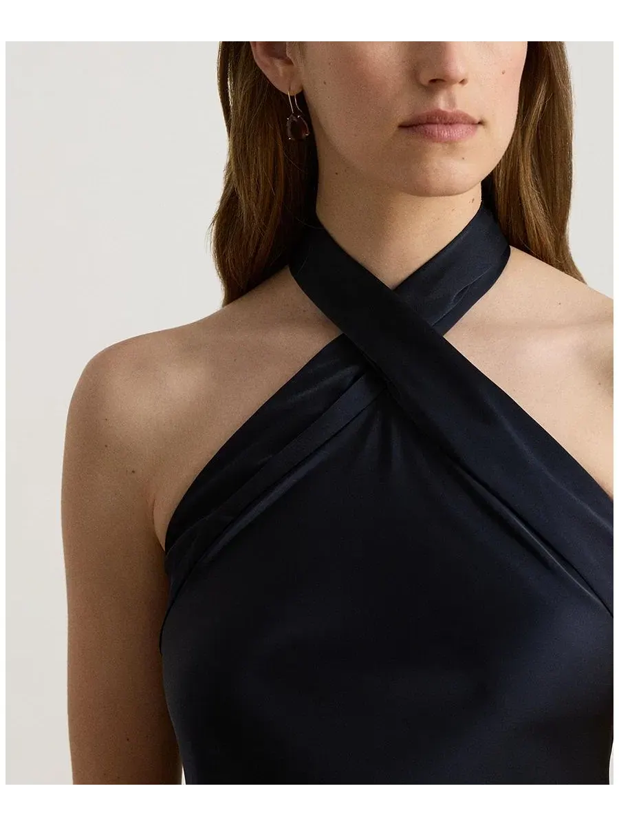Платье-макси с запахом The Tie-Back Charmeuse Halter Lauren Ralph Lauren — изображение 4 из 5, темно-синий