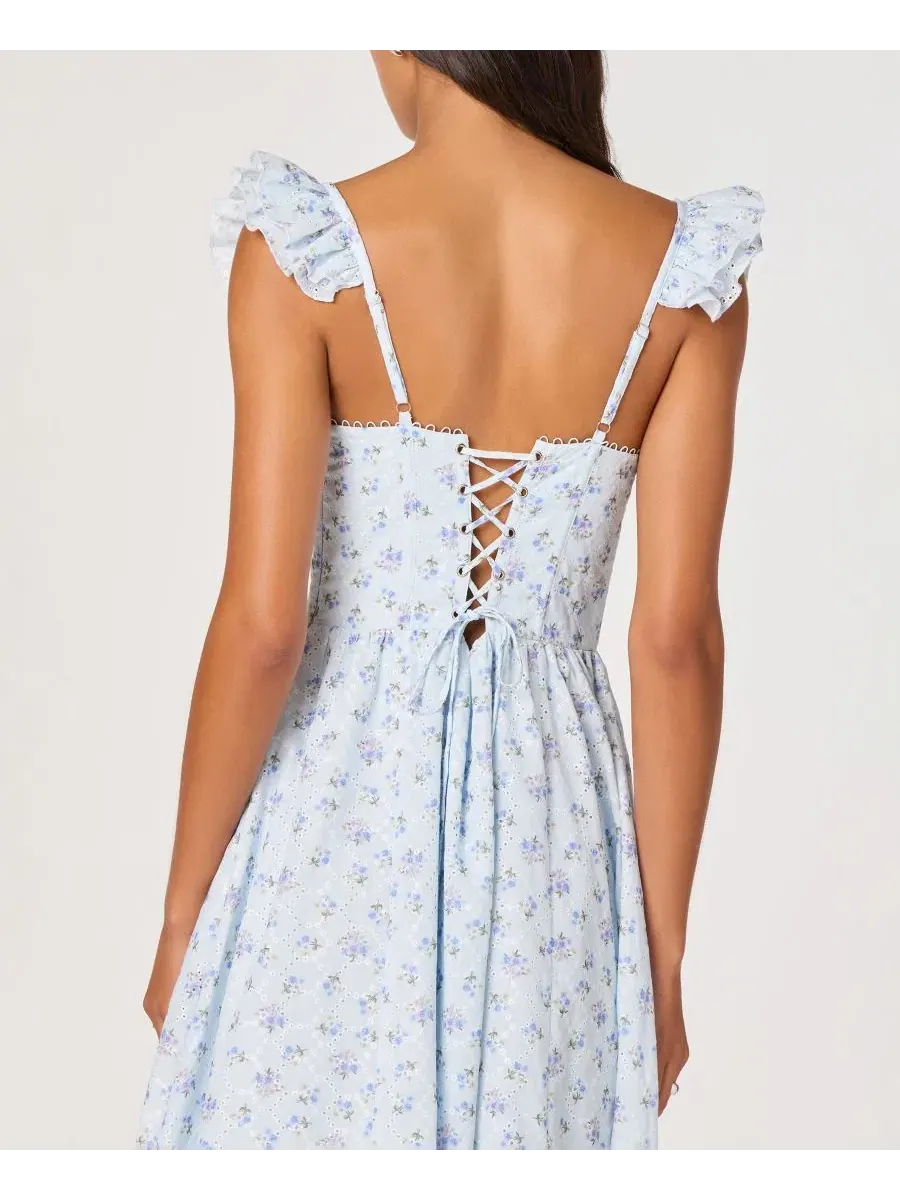 Платье-миди с корсетным лифом и вышивкой ажурной Wedelia Eyelet Corset Midi Dress ASTR the Label — изображение 3 из 4, синий