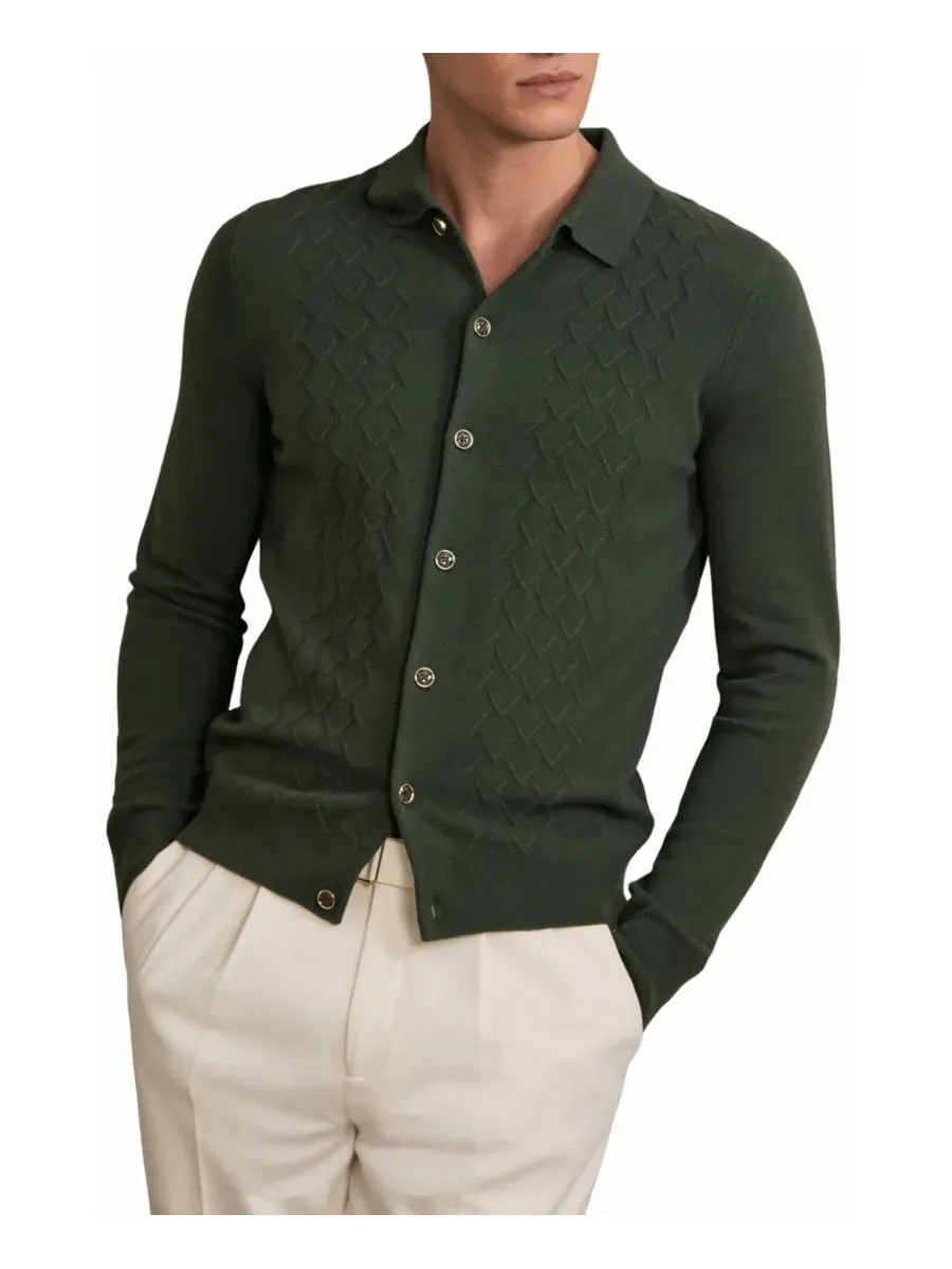 Кардиган мужской V-образной вязки Gideon Wool V-Stitch Button-Through Cardigan Sweater REISS — зеленый