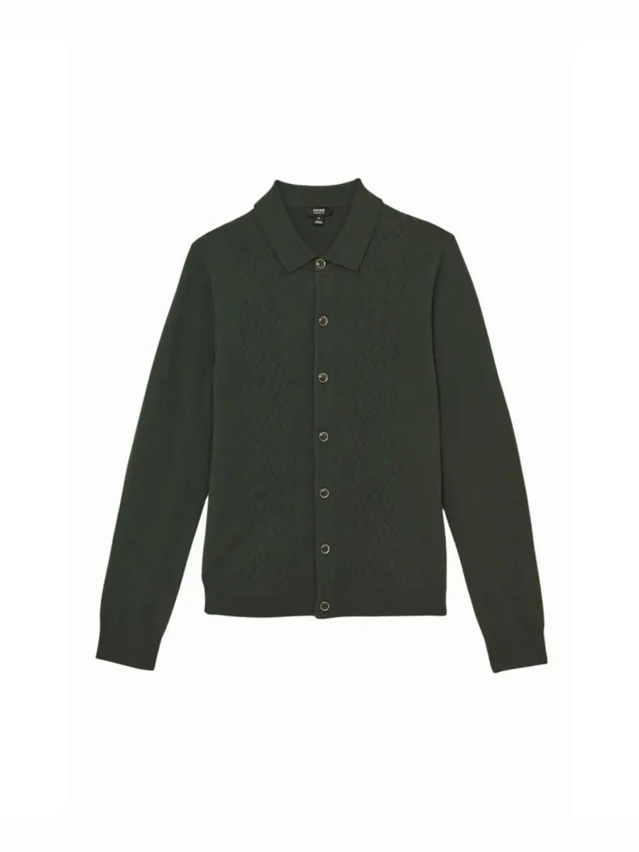 Кардиган мужской V-образной вязки Gideon Wool V-Stitch Button-Through Cardigan Sweater REISS — изображение 3 из 5, зеленый