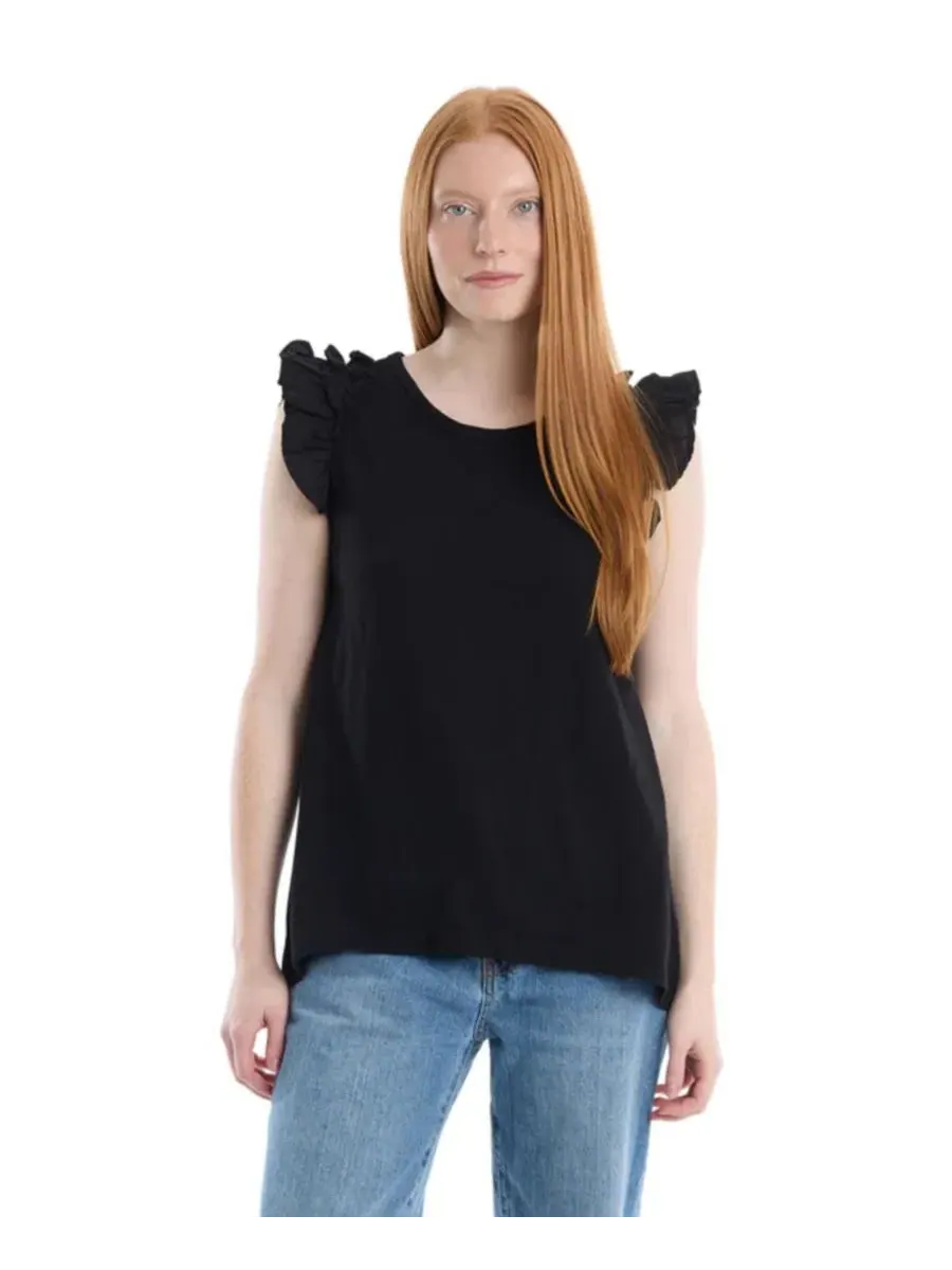 Женская майка без рукавов с рюшами на плечах, модель Ruffle Shoulder Tank Tee WILT — черный