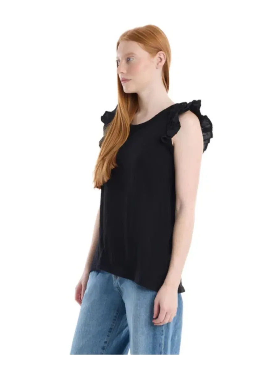 Женская майка без рукавов с рюшами на плечах, модель Ruffle Shoulder Tank Tee WILT — изображение 4 из 5, черный