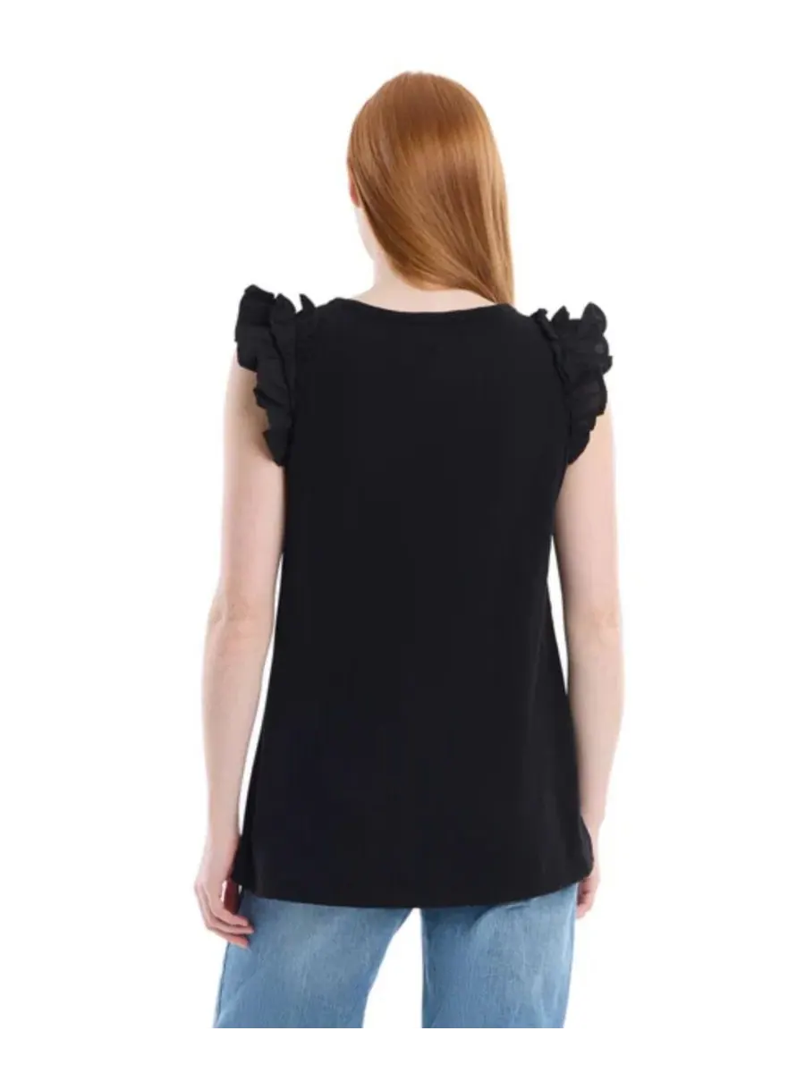 Женская майка без рукавов с рюшами на плечах, модель Ruffle Shoulder Tank Tee WILT — изображение 5 из 5, черный