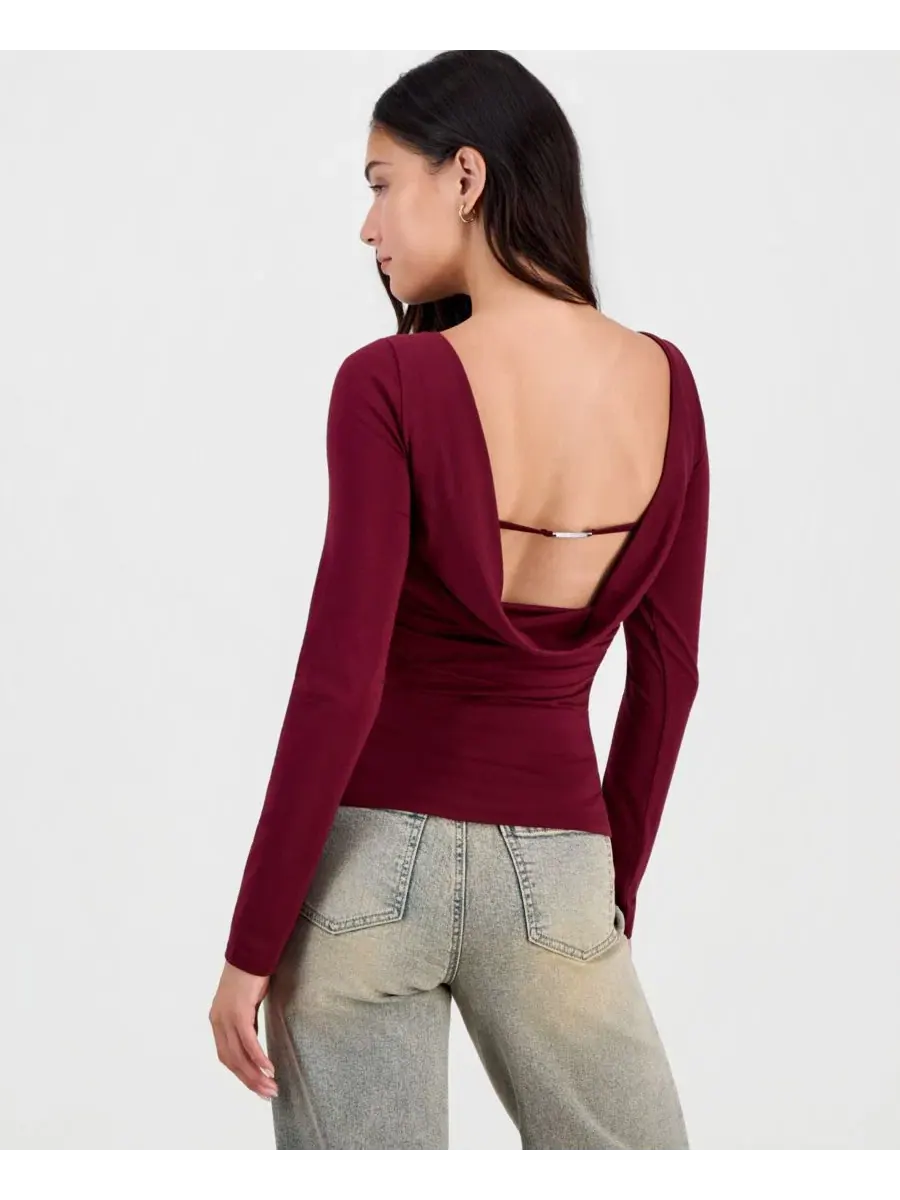 Женский топ с длинным рукавом и драпировкой сзади, модель Draped-Back Top Bar III — изображение 2 из 3, винный