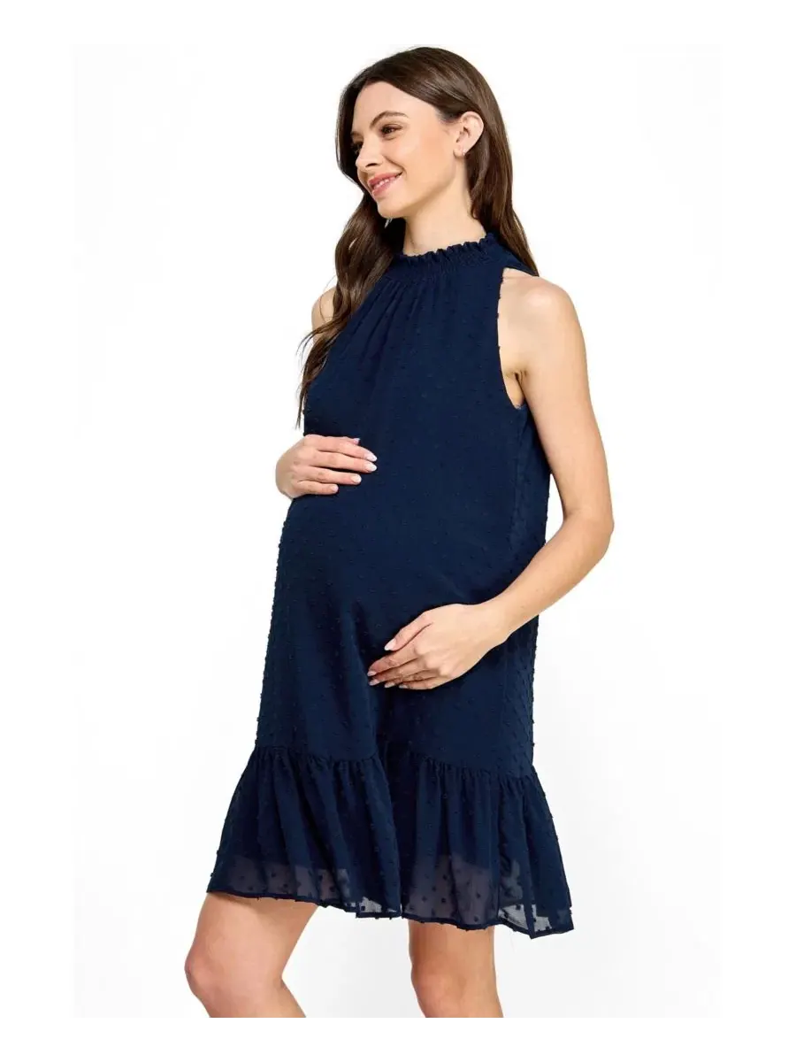 Платье для беременных с рюшами по низу Swiss Dot Mock Neck Dress Hello Miz — изображение 2 из 4, темно-синий