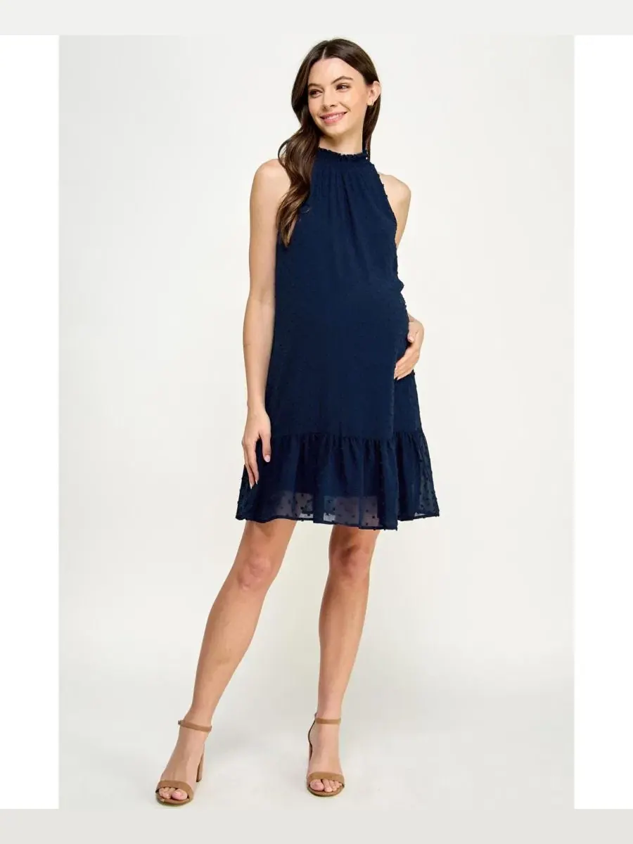 Платье для беременных с рюшами по низу Swiss Dot Mock Neck Dress Hello Miz — изображение 4 из 4, темно-синий