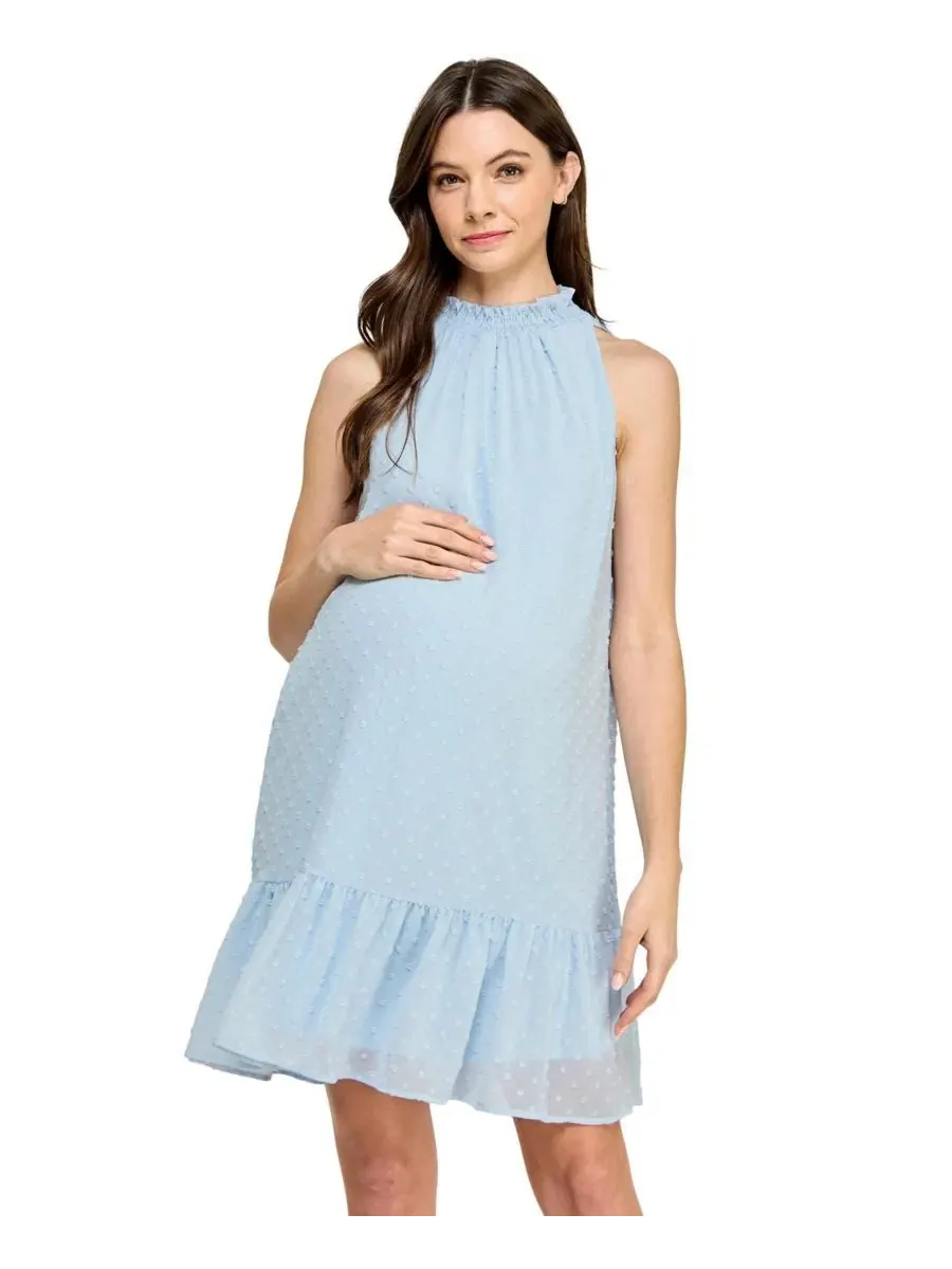 Платье для беременных с воротником-стойкой и рюшами, модель Swiss Dot Mock Neck Hello Miz — изображение 1 из 4, синий