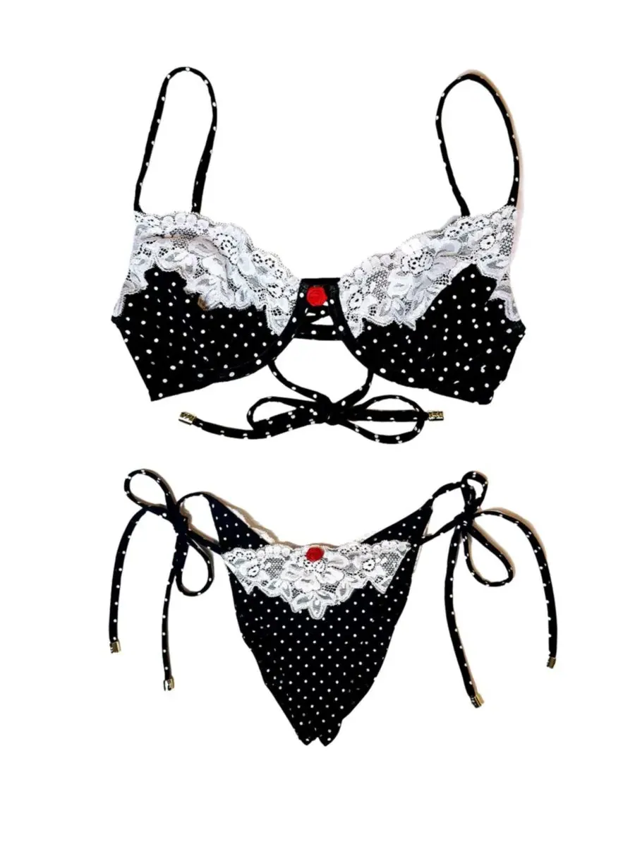 Бикини-комплект с кружевной отделкой Polka Dot Lace Bikini Collection Beach Bunny Swimwear — изображение 2 из 4, черный белый