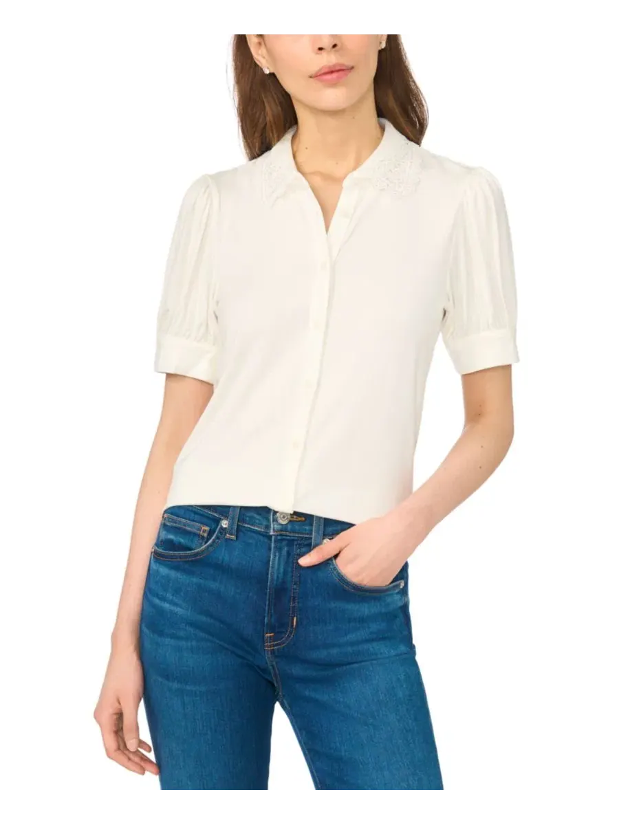 Блузка с коротким рукавом-фонарик и воротником с фестонами, модель Scallop-Trim Button-Up CeCe — изображение 1 из 4