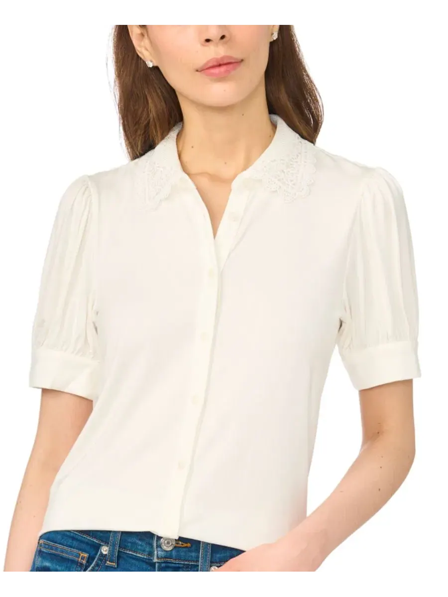 Блузка с коротким рукавом-фонарик и воротником с фестонами, модель Scallop-Trim Button-Up CeCe — изображение 2 из 4