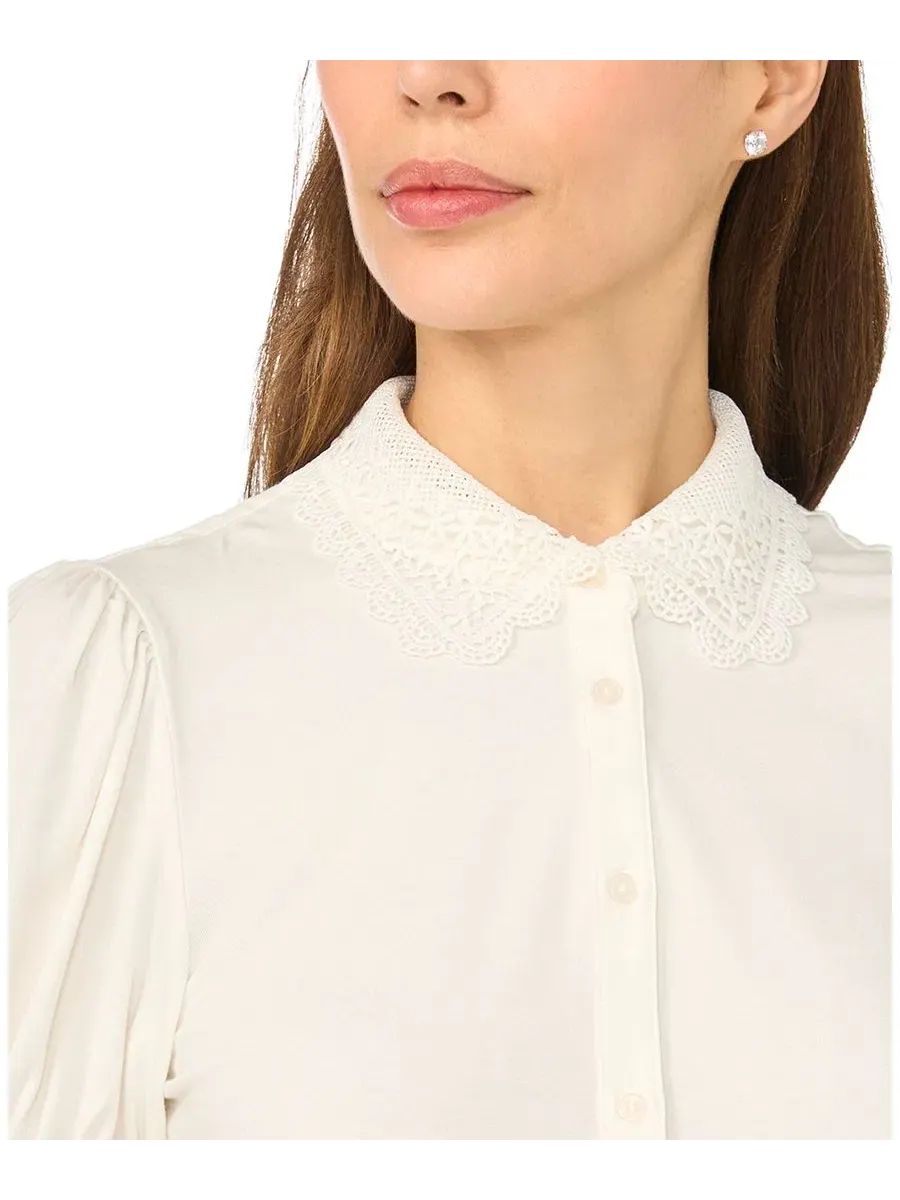 Блузка с коротким рукавом-фонарик и воротником с фестонами, модель Scallop-Trim Button-Up CeCe — изображение 3 из 4