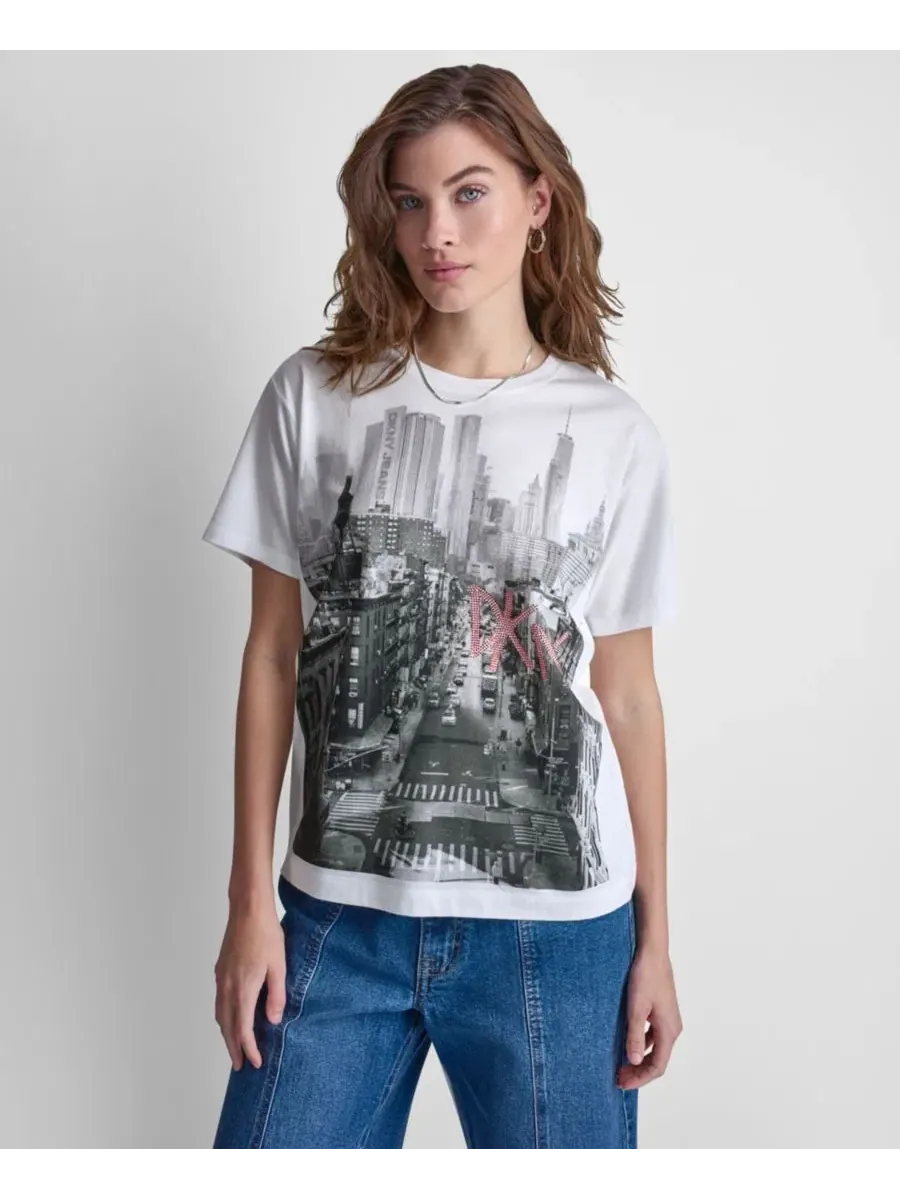 Футболка женская с фотопрингом и пайетками DKNY Jeans — черный