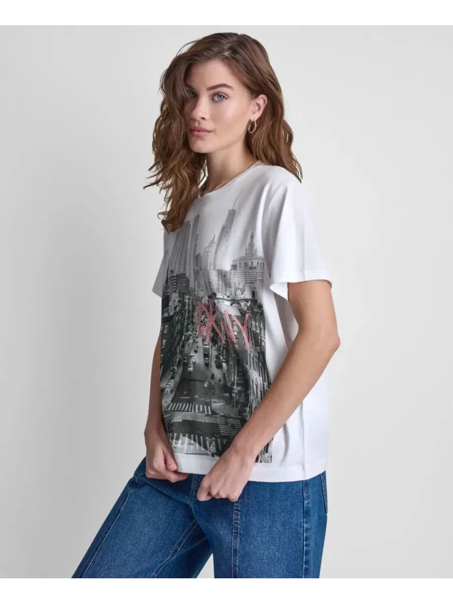 Футболка женская с фотопрингом и пайетками DKNY Jeans — изображение 4 из 7, белый/черный