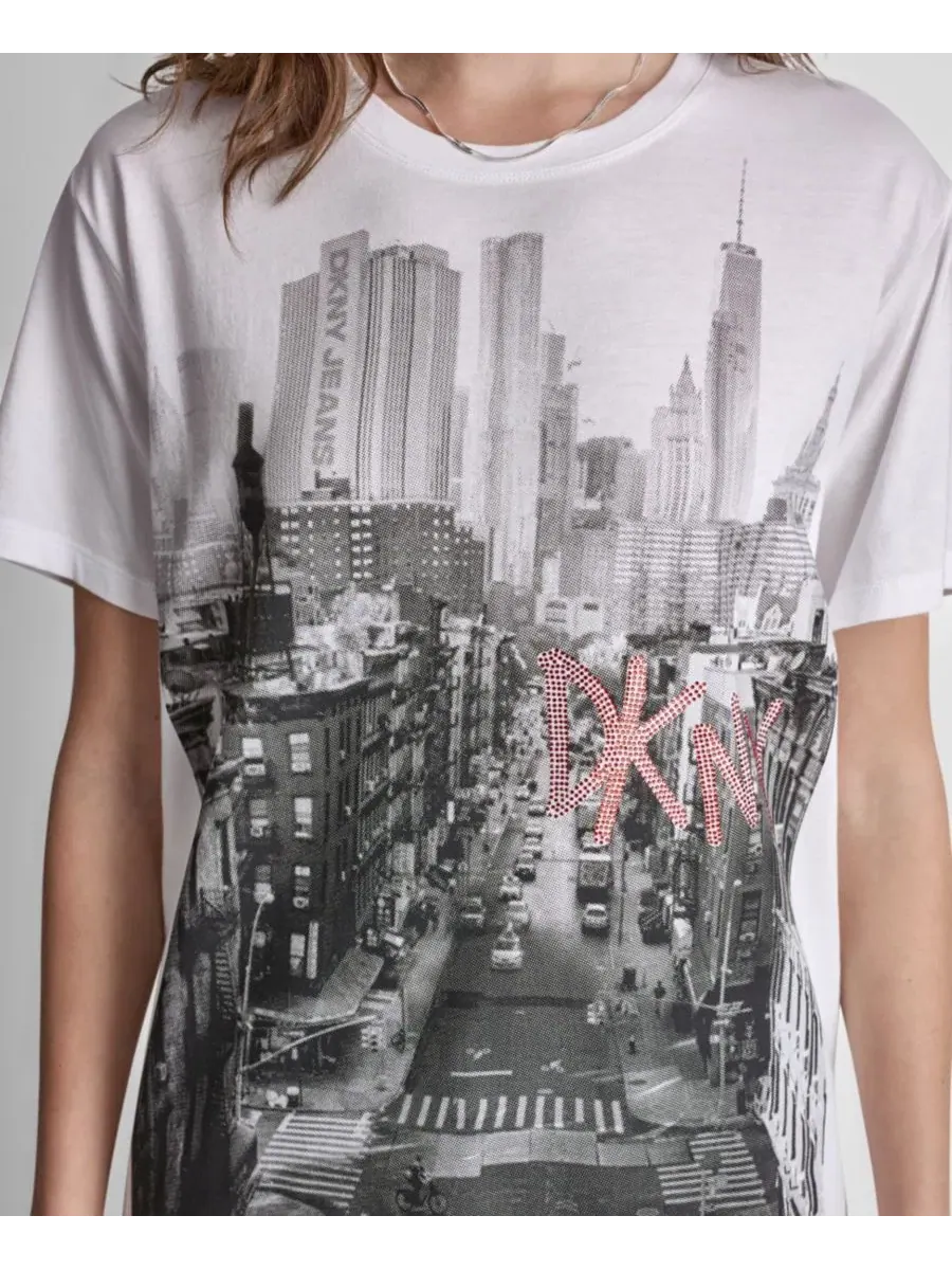Футболка женская с фотопрингом и пайетками DKNY Jeans — изображение 5 из 7, белый/черный