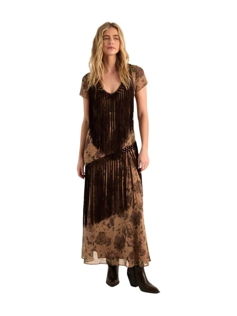 Платье из шифона с бахромой Floral Chiffon Fringe Maxi Nasty Gal — бежевый