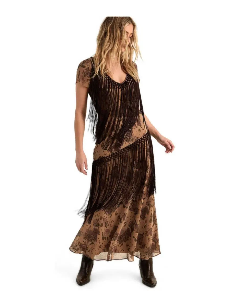 Платье из шифона с бахромой Floral Chiffon Fringe Maxi Nasty Gal — изображение 2 из 5, бежевый