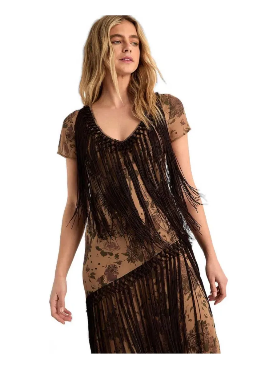 Платье из шифона с бахромой Floral Chiffon Fringe Maxi Nasty Gal — изображение 3 из 5, бежевый