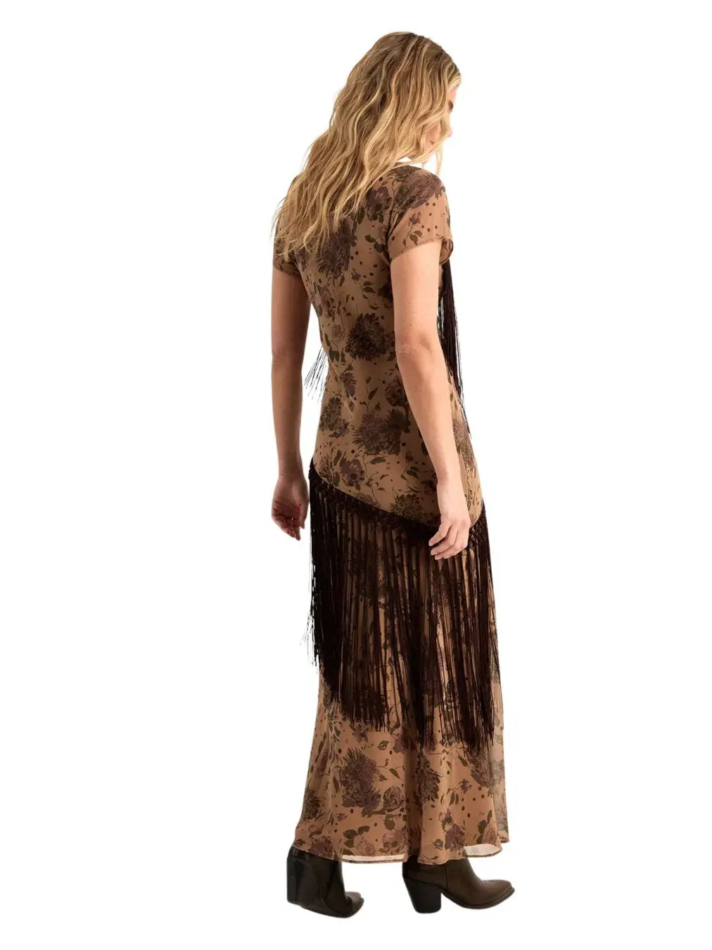 Платье из шифона с бахромой Floral Chiffon Fringe Maxi Nasty Gal — изображение 4 из 5, бежевый