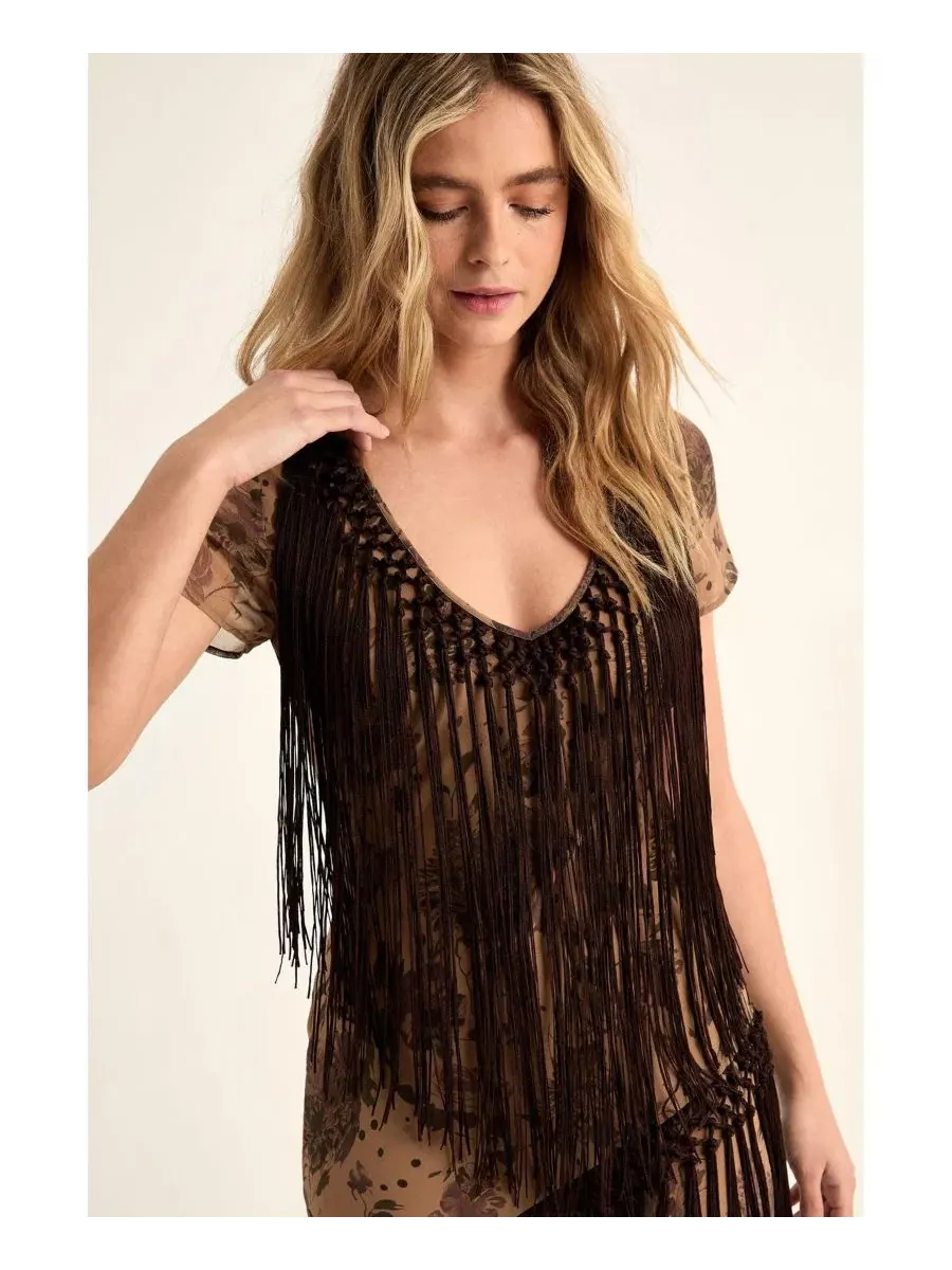 Платье из шифона с бахромой Floral Chiffon Fringe Maxi Nasty Gal — изображение 5 из 5, бежевый