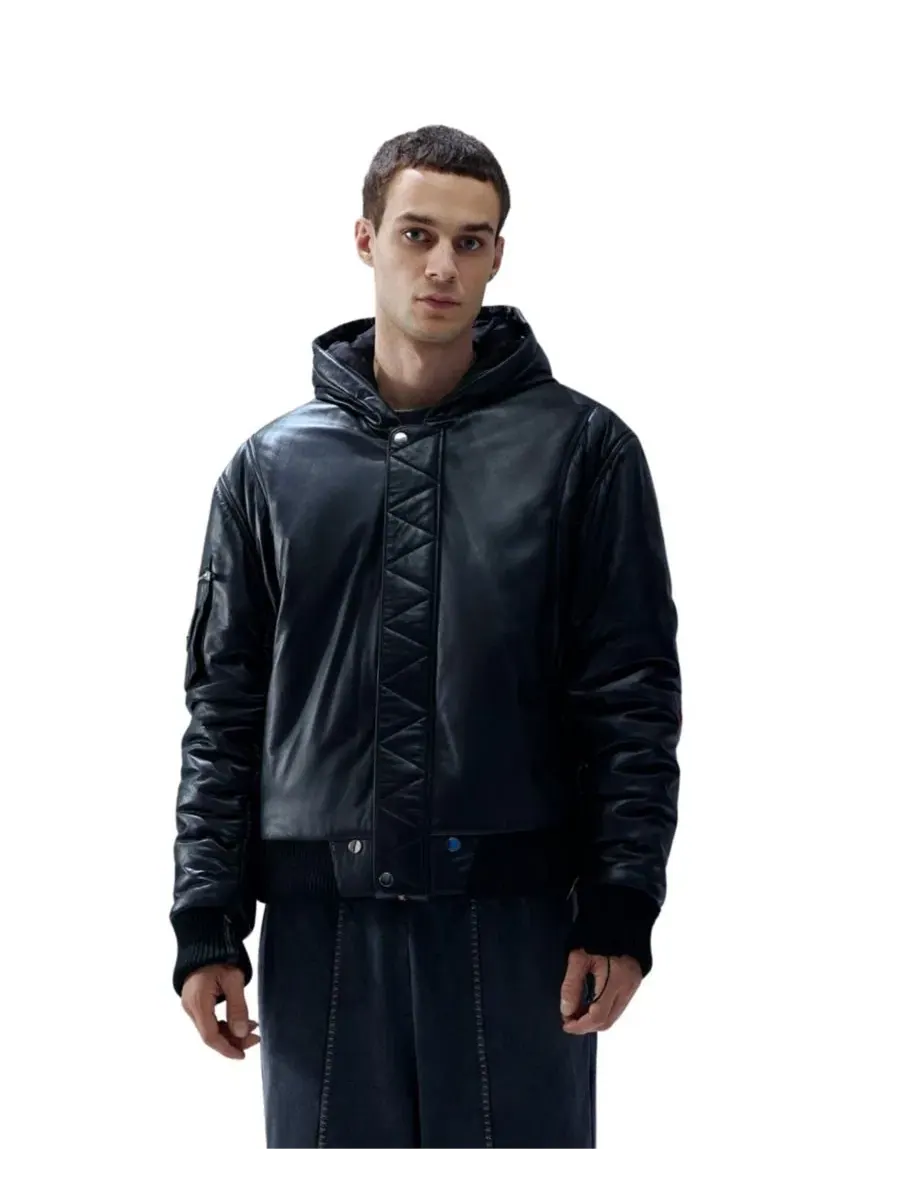 Куртка кожаная с капюшоном, модель Bomber PCFG — черный