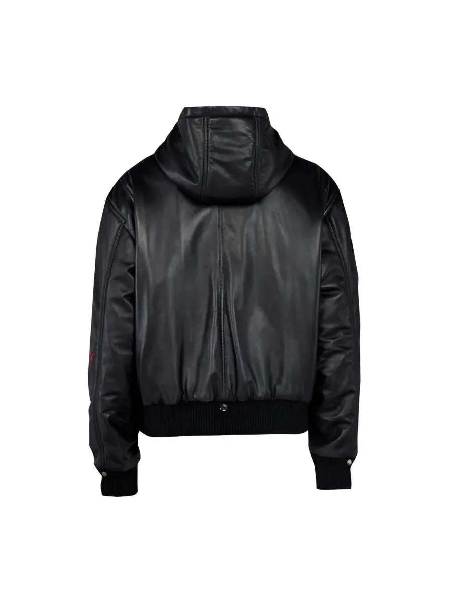 Куртка кожаная с капюшоном, модель Bomber PCFG — изображение 3 из 5, черный