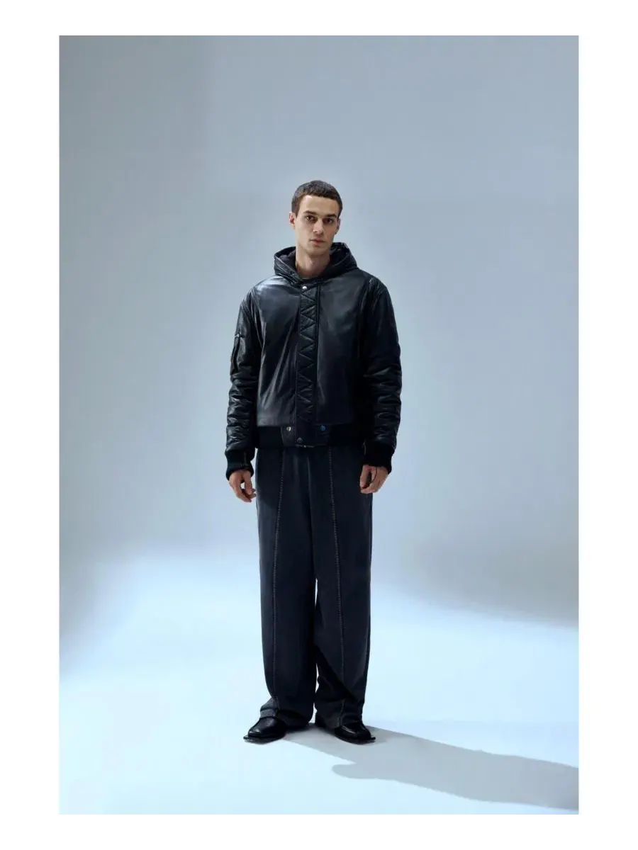 Куртка кожаная с капюшоном, модель Bomber PCFG — изображение 5 из 5, черный