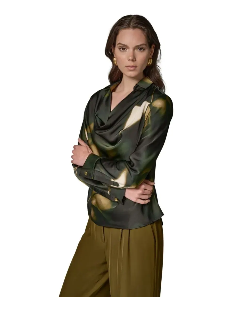 Блуза с принтом из атласного крепа с длинным рукавом Donna Karan New York — изображение 3 из 7, оливковый мульти