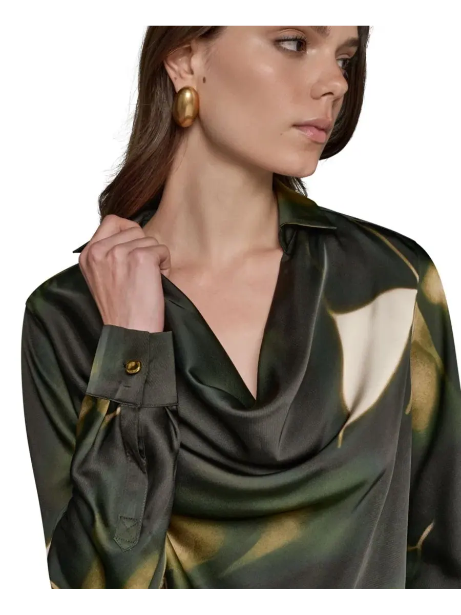 Блуза с принтом из атласного крепа с длинным рукавом Donna Karan New York — изображение 4 из 7, оливковый мульти