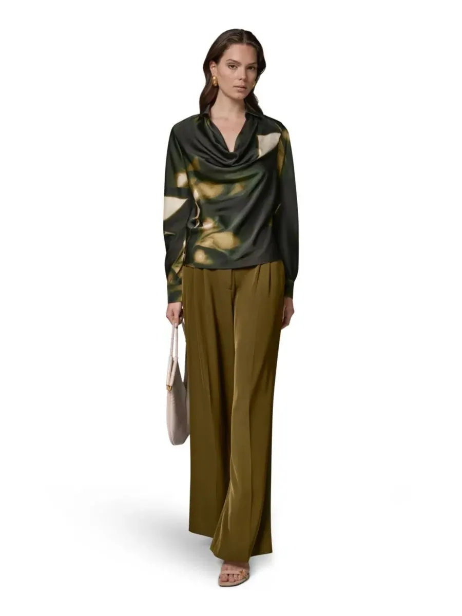 Блуза с принтом из атласного крепа с длинным рукавом Donna Karan New York — изображение 6 из 7, оливковый мульти