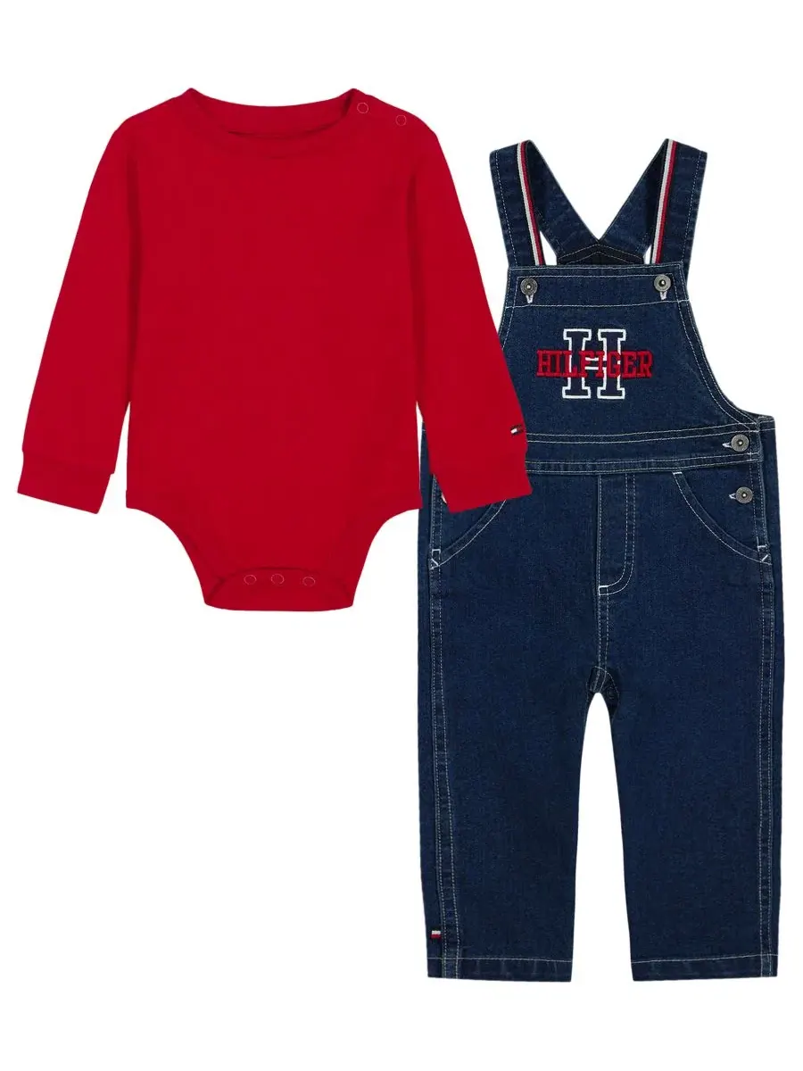 Комплект из джинсового комбинезона и боди с длинным рукавом Tommy Hilfiger — изображение 3 из 8, джинсовый синий/красный