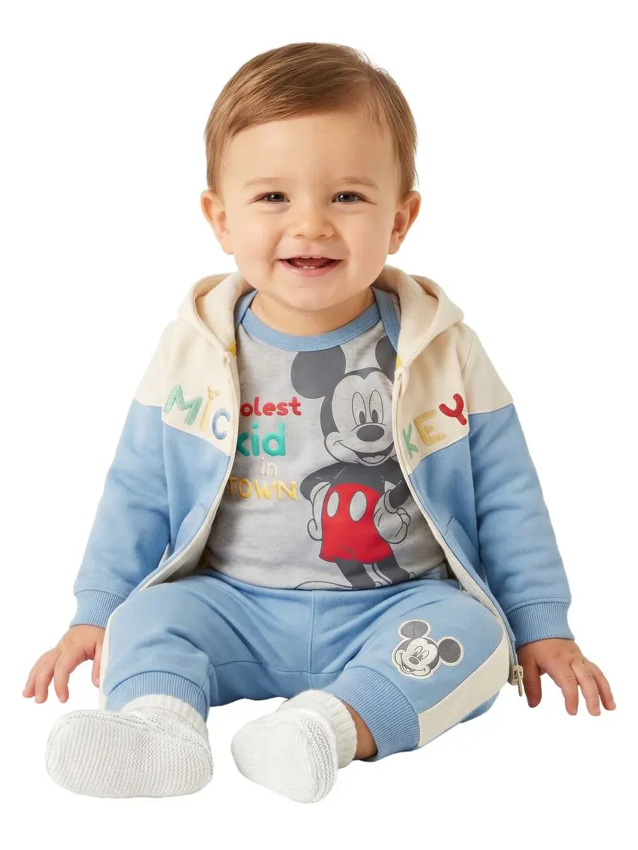 Комплект из 4 предметов Mickey Mouse: худи с капюшоном и ушками, 2 боди, штаны Disney — изображение 8 из 8, синий/белый/серый