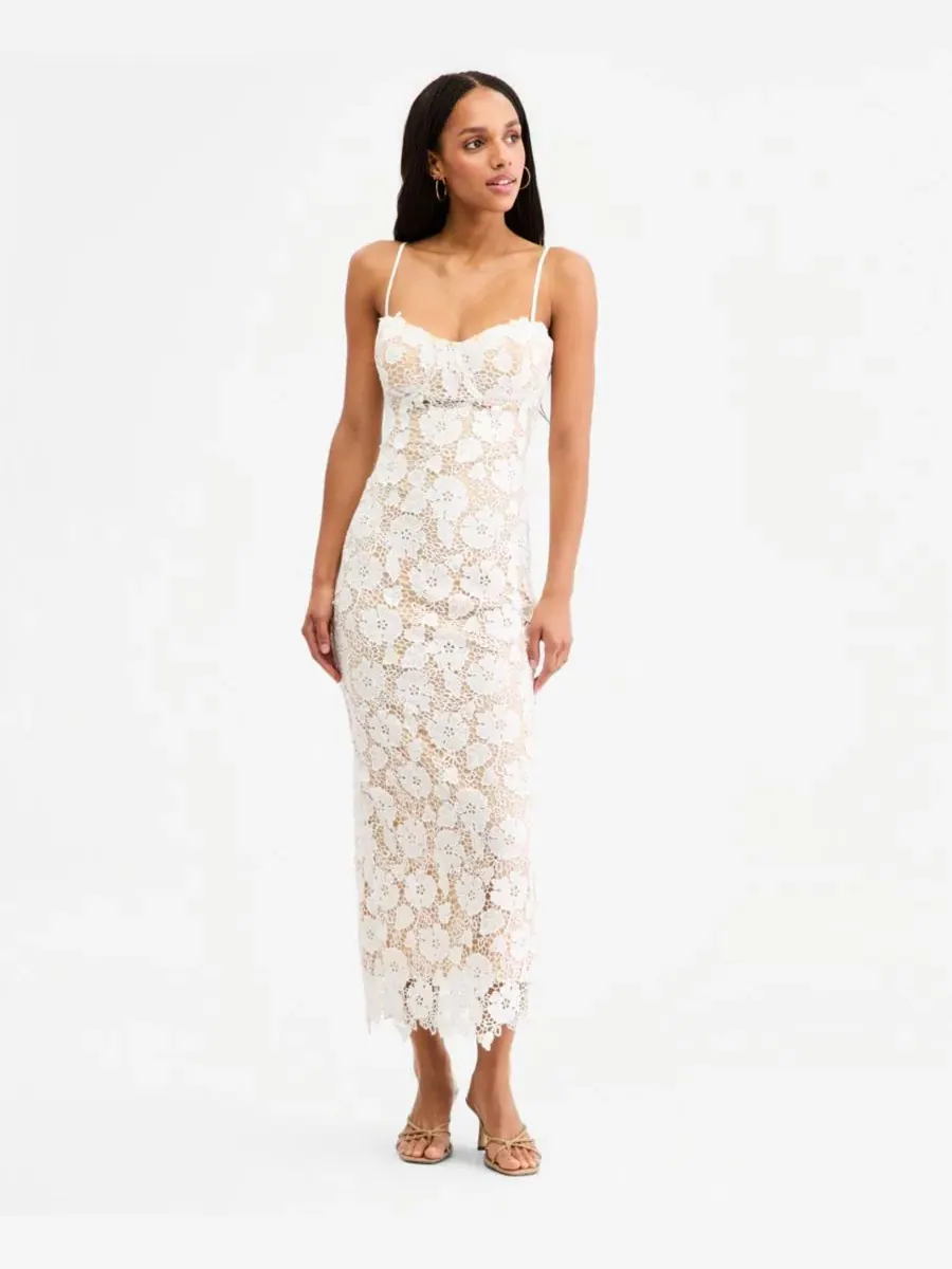 Платье-миди без рукавов с кружевом и шнуровкой на спине, модель Lace Sweetheart-Neck Lace-Up-Back — белый