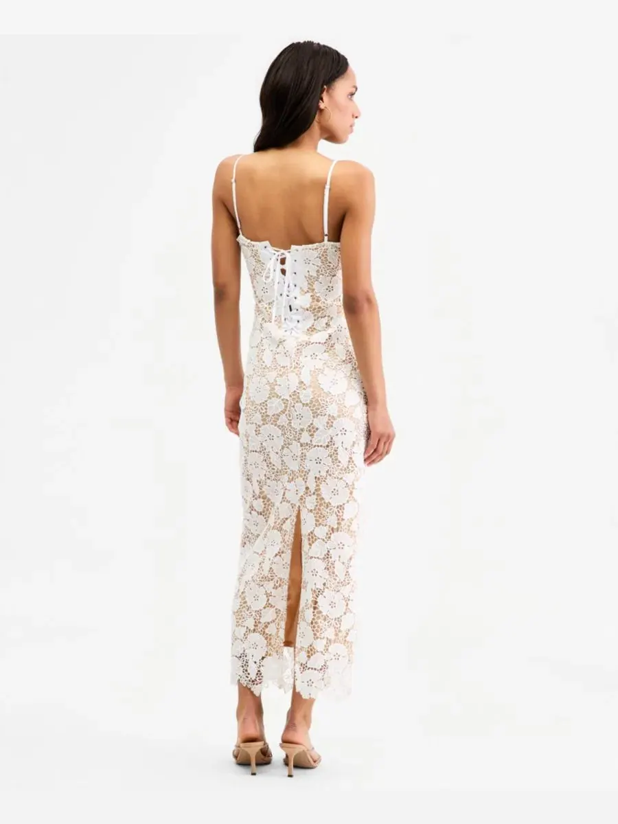 Платье-миди без рукавов с кружевом и шнуровкой на спине, модель Lace Sweetheart-Neck Lace-Up-Back — изображение 4 из 6, белый