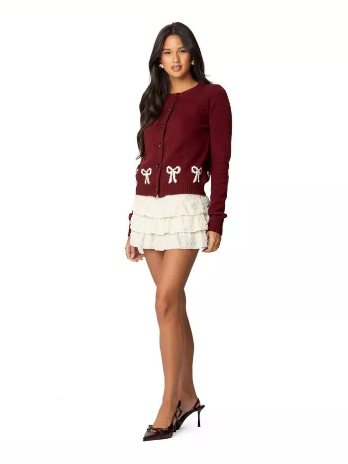 Женский кардиган Rona Bow Knit Edikted — изображение 3 из 5, бордовый