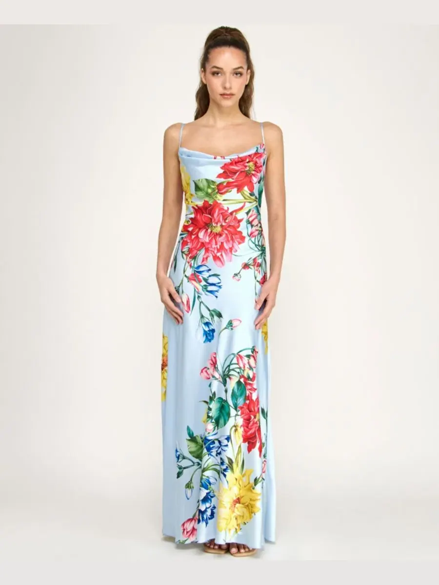 Платье-комбинация с запахом и принтом, модель Cowl Neck Printed Spaghetti Straps Satin Gown B Darlin — мульти