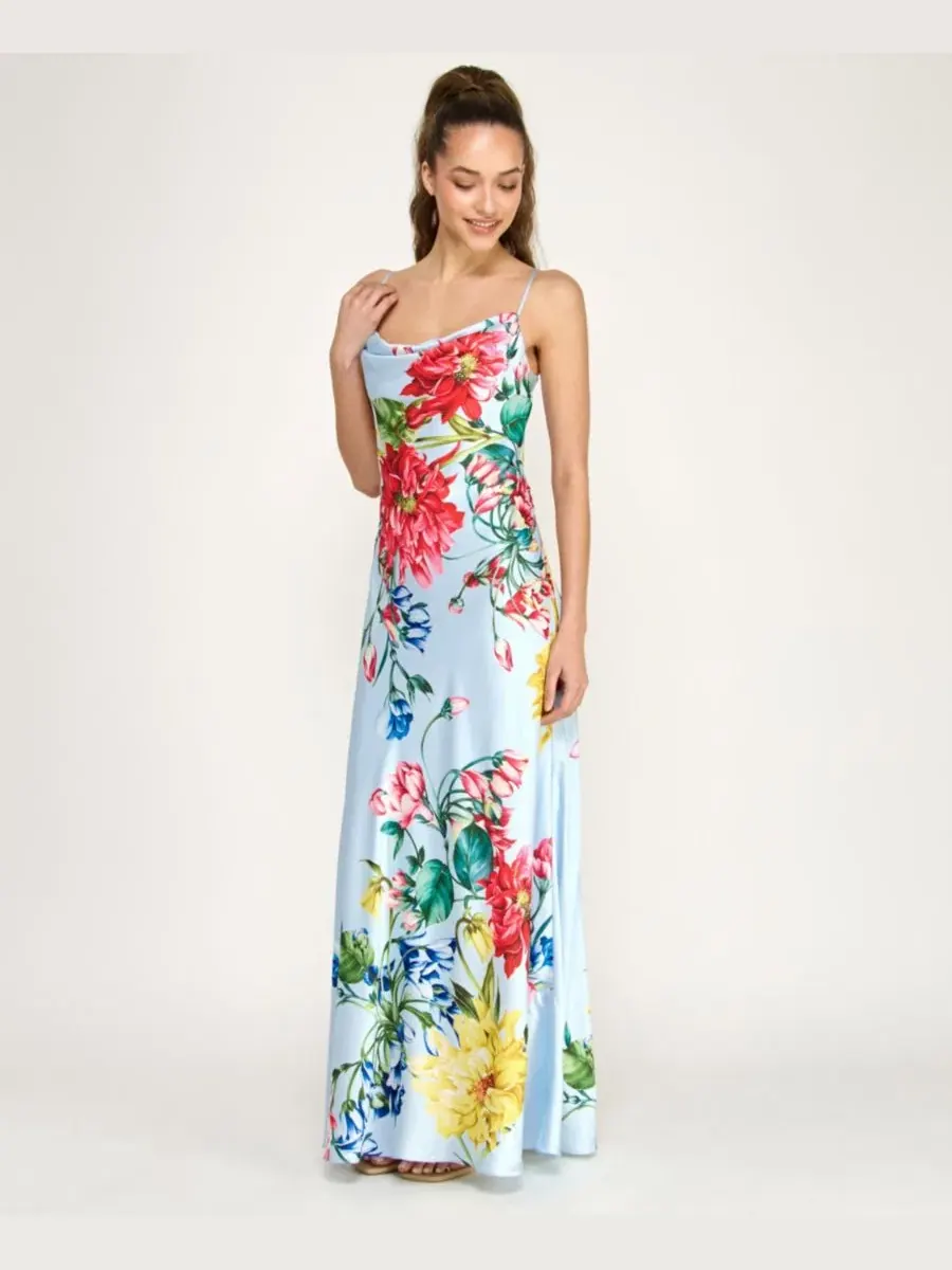 Платье-комбинация с запахом и принтом, модель Cowl Neck Printed Spaghetti Straps Satin Gown B Darlin — изображение 2 из 4