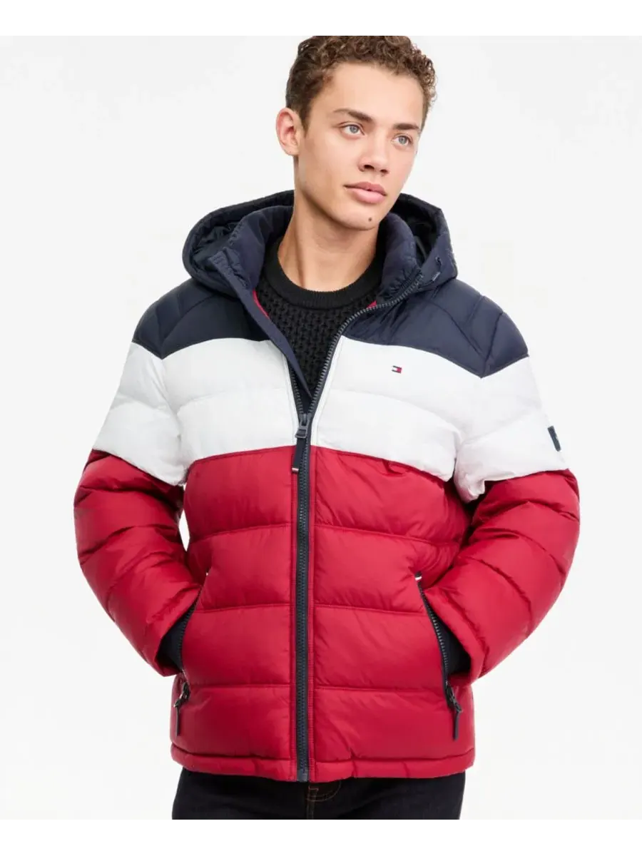Мужская стеганая куртка-пуховик с капюшоном Tommy Hilfiger — изображение 1 из 6, красный/белый/синий