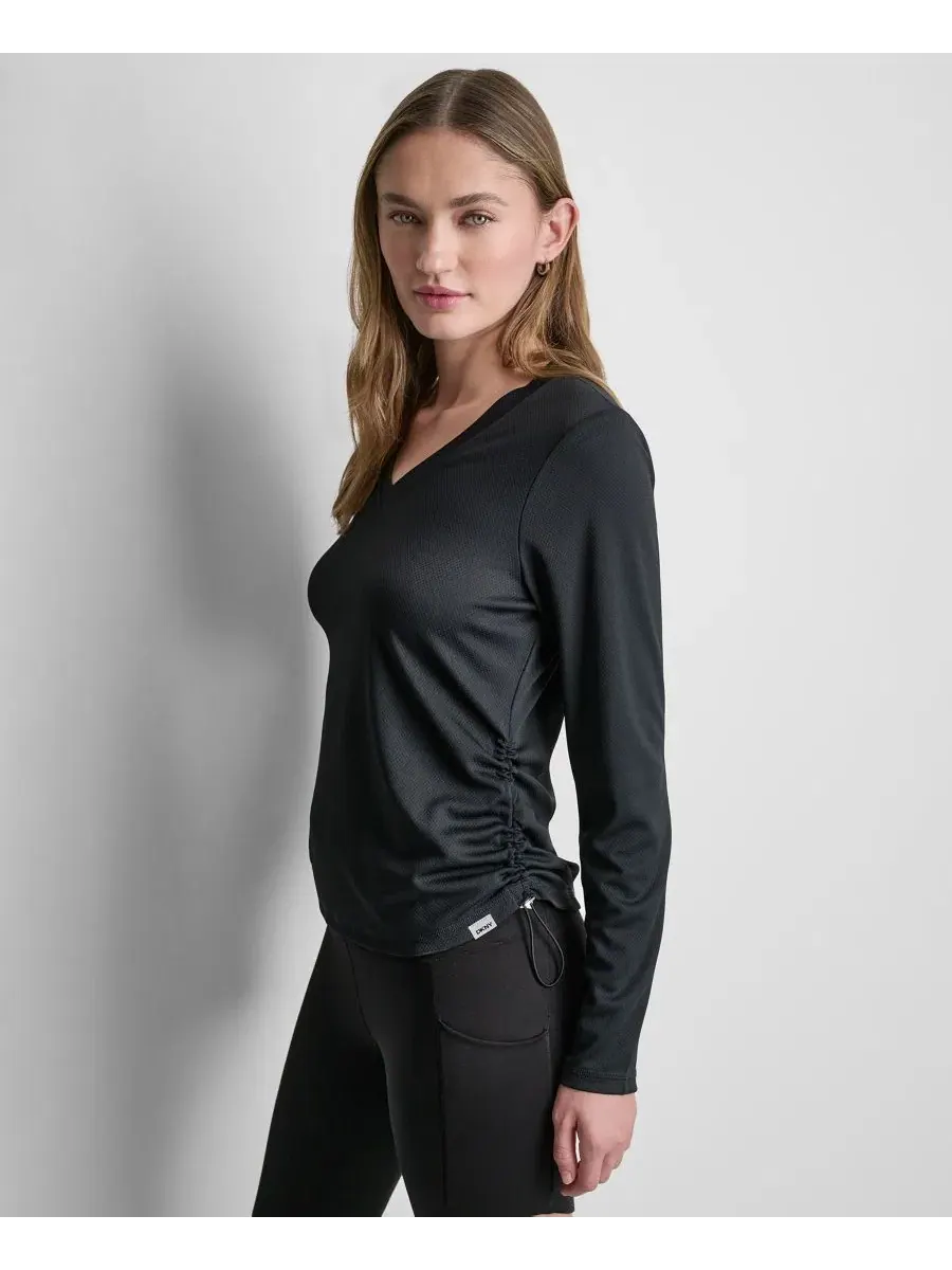 Топ для активного отдыха с длинным рукавом, с боковыми сборками DKNY Sport — изображение 3 из 5, черный