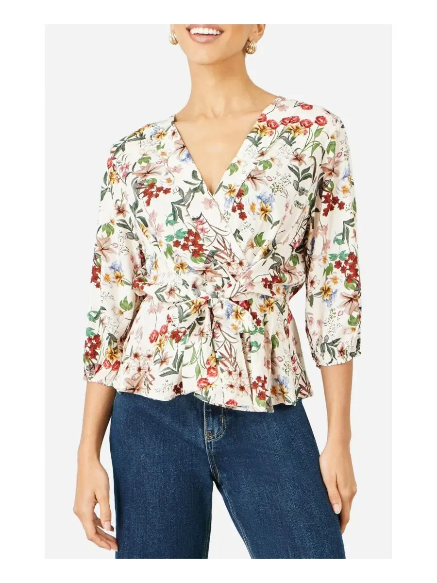 Блуза-обертка с принтом, модель Botanical Print Yumi — изображение 4 из 4, белый