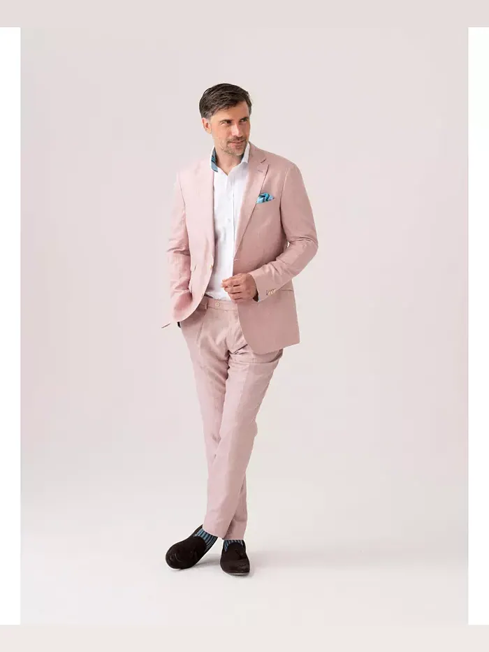 Мужской приталенный блейзер из смеси льна, шерсти и шелка Koy Clothing — изображение 2 из 8, розовый