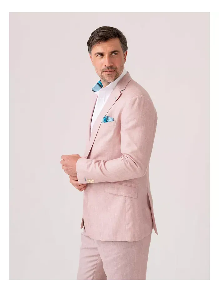 Мужской приталенный блейзер из смеси льна, шерсти и шелка Koy Clothing — изображение 6 из 8, розовый