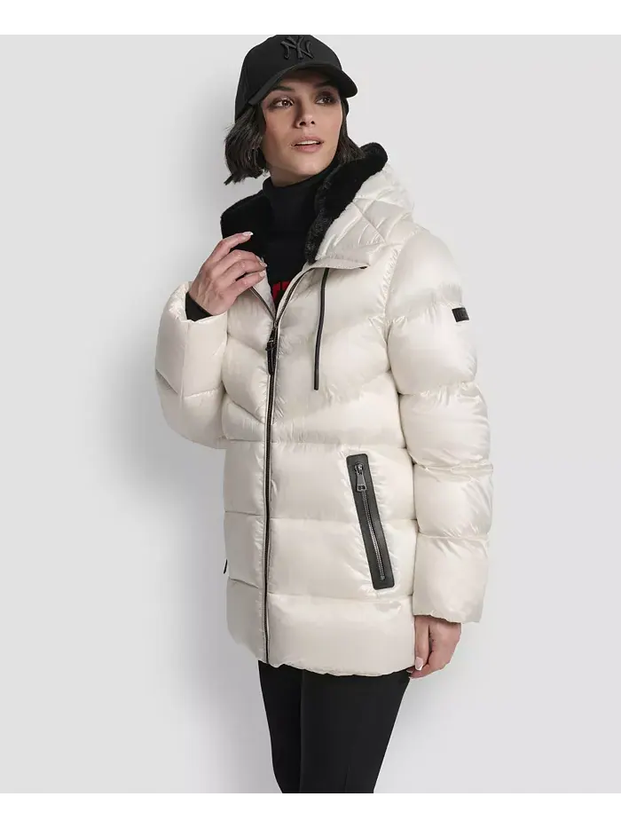 Женское стеганое пальто Shine с капюшоном DKNY — изображение 5 из 8, серебристый